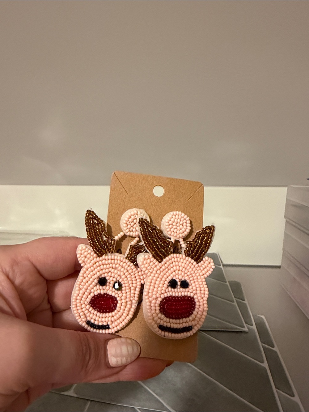Beaded Reindeer Face Earrings in Light Pink and Brown